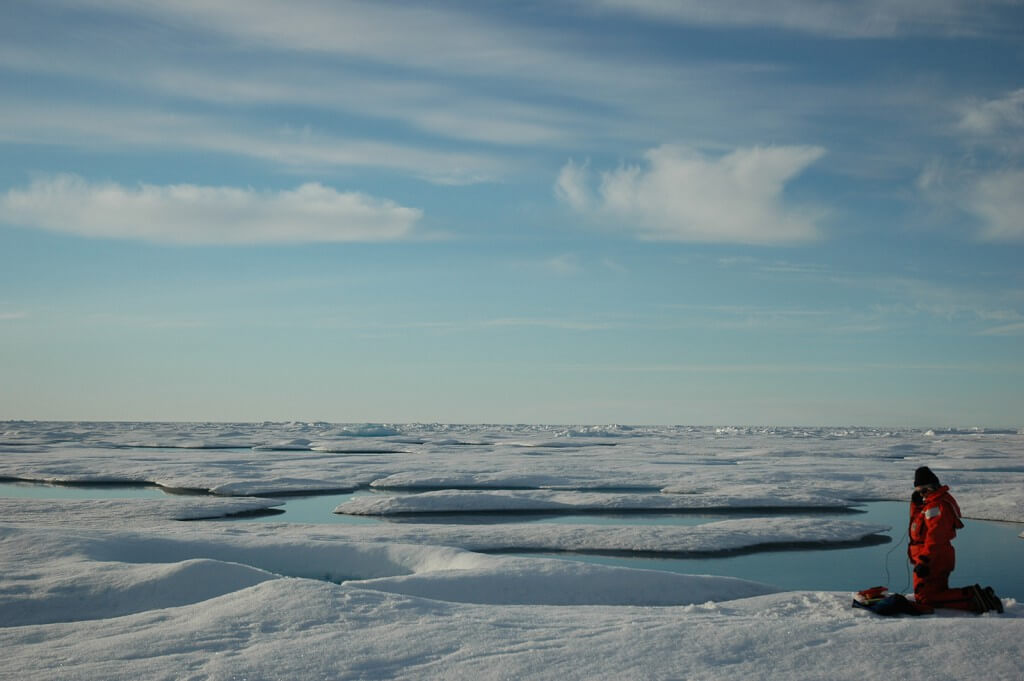 Scientist on ice flow listening for real-time sounds of marine mammals and other marine fauna.