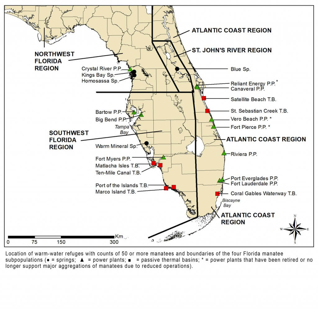 Map of locations of warm-water refuges with counts of 50 or more manatees and boundaries of the four Florida manatee subpopulations.