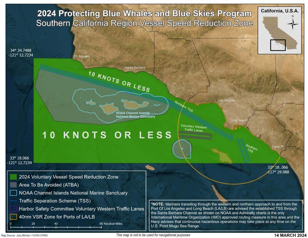 A map shows the southern coast of California, with a large coastal area marked as a voluntary speed reduction zone. Also marked is a portion of ocean where vessel traffic lanes are, as well as multiple parallel lines denoting traffic separation.