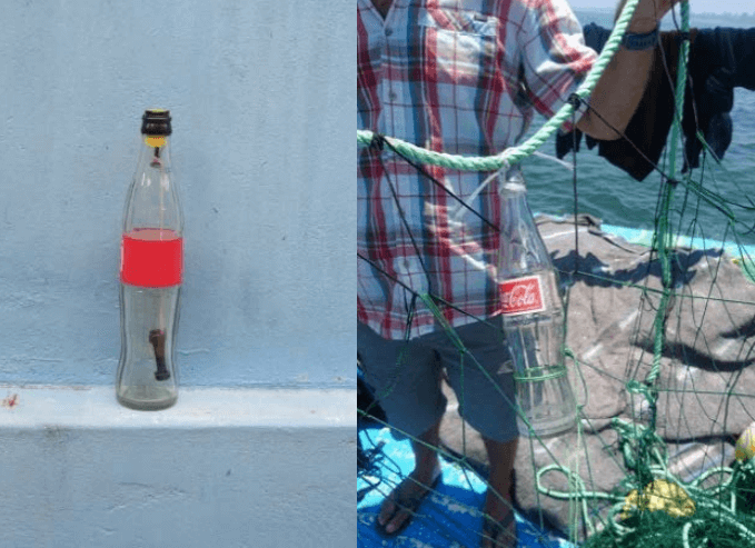 Pictured on the left is a cola bottle with a metal bolt suspended inside. On the right is a similar bottle attached to a fishing net.